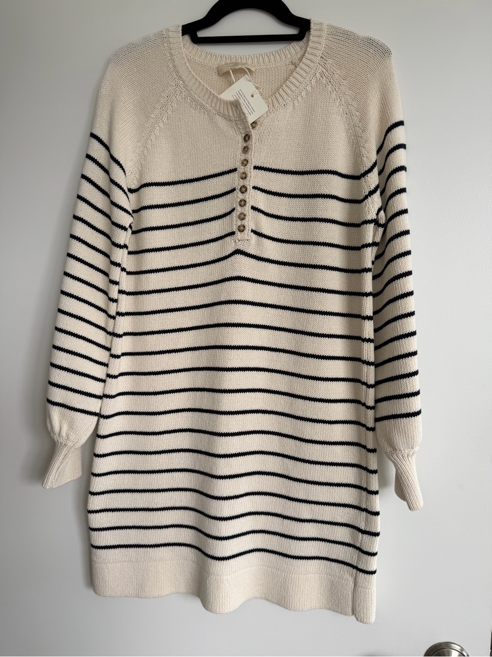 Sezane Cream & Black Striped Henley Knit Dress